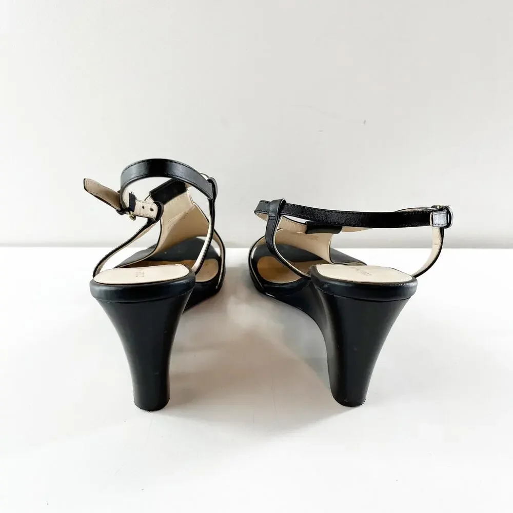 Cole Haan Maddie Open Toe Wedge Leather Shoes Sandals Black 9.5